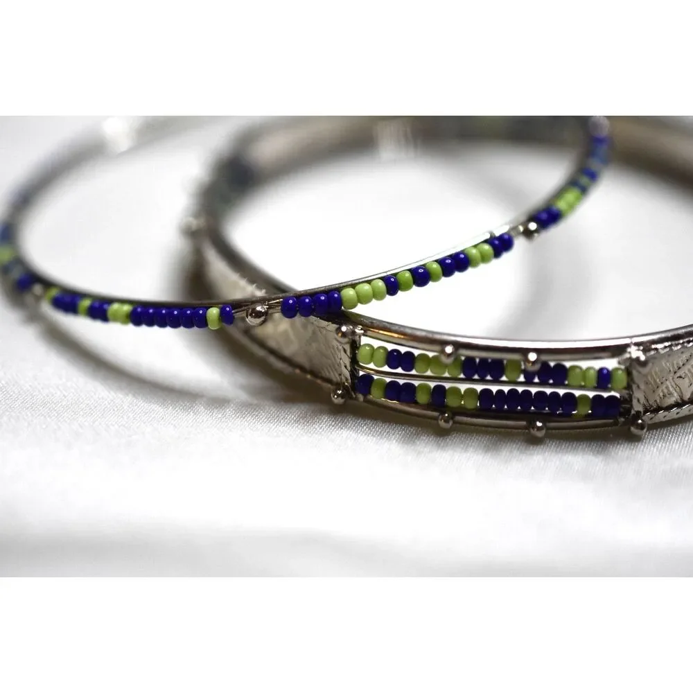 Lovely 2pc Silver Tone Inlaid Blue/Lime Green Glass Seed Beads 6